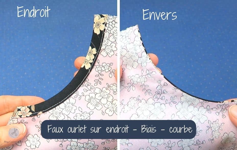 Faux ourlet sur endroit avec du biais dans une courbe